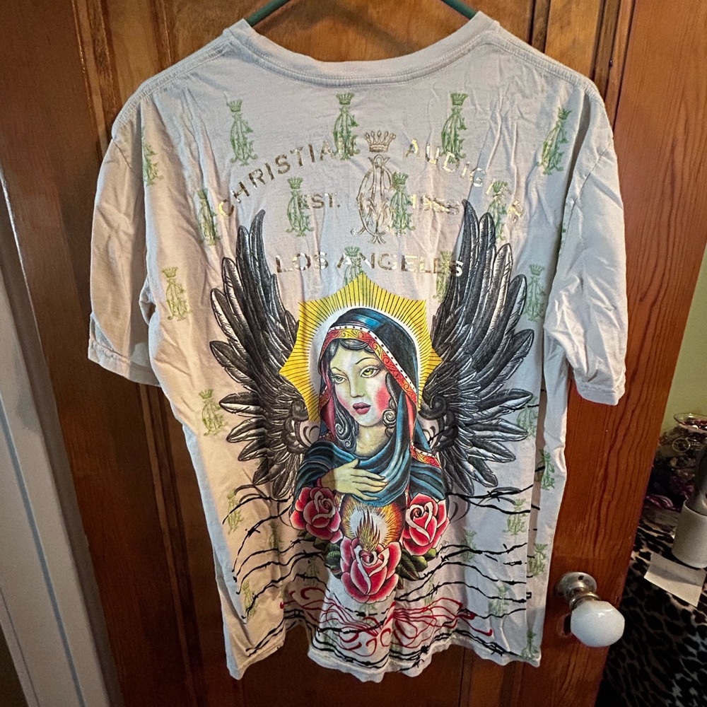 RARE Y2K Christian Audigier El Calor Angel Virgin Mary Madonna Cream Tshirt